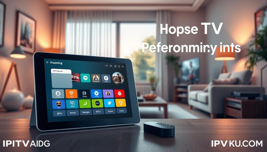 A visually appealing digital artwork illustrating "IPTV Performance Tips" for IPTVVUK.COM. In the foreground, a modern, sleek tablet displaying a streaming service interface with clear visuals, colorful icons, and a strong Wi-Fi signal indicator. In the middle ground, a cozy living room setting with a comfortable sofa, a coffee table with a remote control, and smart devices like a streaming box or smart TV. The background features soft, inviting lighting from floor lamps and a window showcasing a sunny day outside to create a relaxed atmosphere. Use a wide-angle perspective to emphasize the space while ensuring a balanced composition. The overall mood is informative yet cozy, emphasizing the theme of optimizing the IPTV experience with a warm color palette.