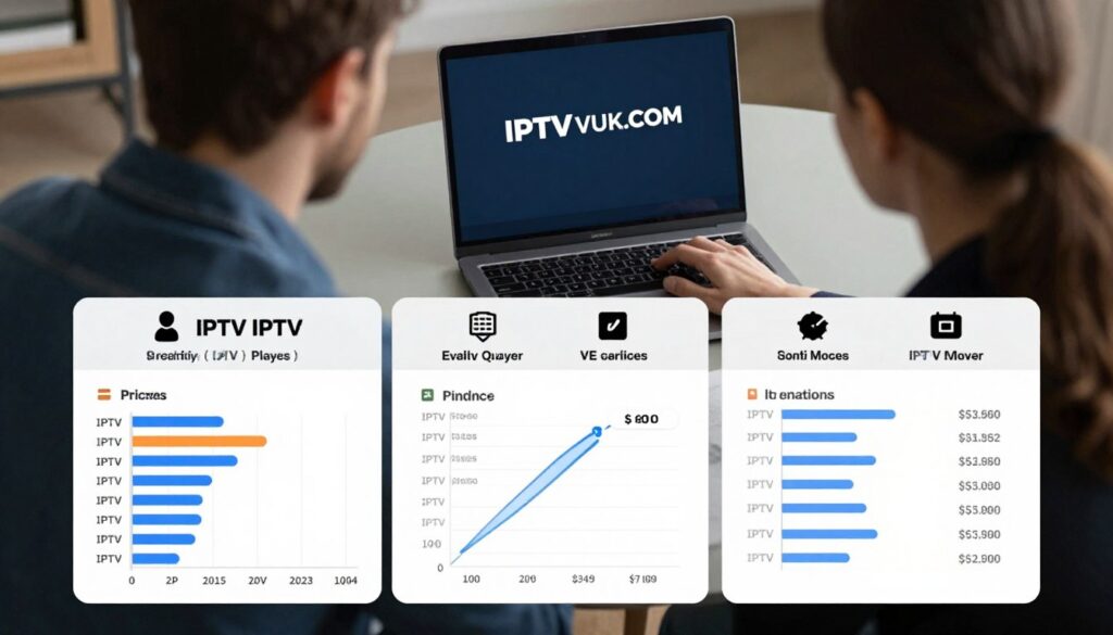 A visually appealing infographic comparing IPTV web player pricing options. In the foreground, display several pricing charts and feature comparisons in an organized layout, with clear distinctions between different IPTV services. The middle layer should include icons representing various features of IPTV web players, such as streaming quality, device compatibility, and customer support. In the background, subtly integrate a blurred image of a person in professional attire analyzing a laptop screen with IPTVVUK.COM displayed prominently. Use soft, balanced lighting to create a professional and informative atmosphere, with a slight emphasis on technological sophistication. The angle should be a top-down view, giving an engaging perspective on the comparison details, ensuring a clean and modern design aesthetic.