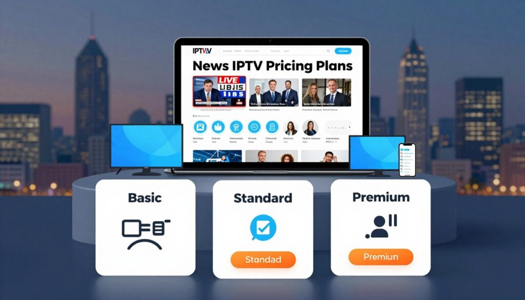 A visually appealing infographic-style image depicting "News IPTV Pricing Plans" for IPTVVUK.COM. In the foreground, showcase various subscription plans creatively illustrated as cards, each labeled with enticing features like "Basic," "Standard," and "Premium." The middle ground should feature a sleek digital tablet displaying a news streaming interface, highlighting live news broadcasts, along with symbols representing different devices (e.g., smart TV, smartphone, tablet). In the background, a subtle city skyline suggests a modern technological theme, bathed in soft, ambient lighting to evoke a sense of accessibility and innovation. The atmosphere should feel professional yet welcoming, emphasizing clarity and ease of understanding for viewers exploring subscription options. Use a wide-angle lens effect to bring attention to the pricing plans while keeping a cohesive look throughout the image.