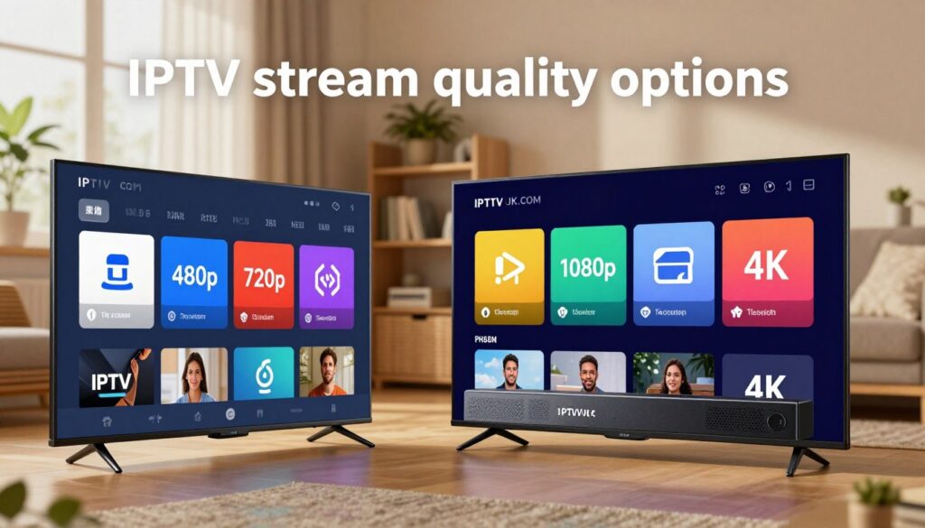 A visually appealing, informative scene representing "IPTV stream quality options" with clear distinctions. In the foreground, a modern television set displays a colorful user interface showcasing various streaming quality icons such as 480p, 720p, 1080p, and 4K. The middle ground features a stylish media player with a sleek design and the brand name "IPTVVUK.COM" prominently displayed. In the background, a cozy living room setting with soft, warm lighting enhances a tech-savvy atmosphere, including decorative elements like a bookshelf and houseplants. The composition is shot at a slight angle to create depth, capturing a sense of comfort and innovation in entertainment. Overall, the mood is inviting and professional, ideal for conveying information about quality IPTV sources.