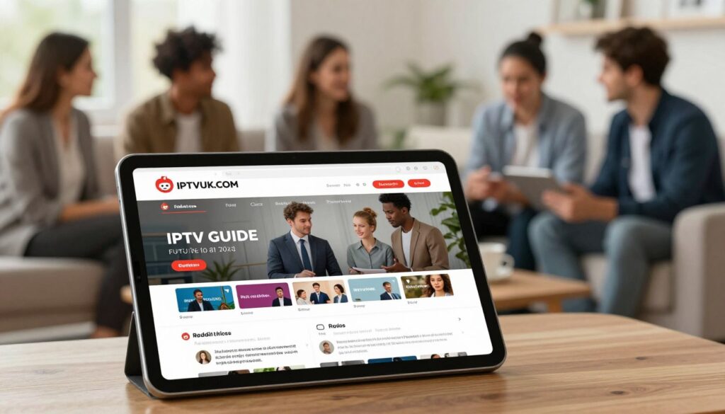 A visually engaging and informative representation of an IPTV guide inspired by Reddit, featuring a prominently displayed logo of "IPTVVUK.COM". In the foreground, create a stylized digital device, like a tablet or smartphone, showcasing a vivid interface of IPTV channels and user reviews. In the middle ground, include an artistic depiction of diverse people interacting with the device, dressed in professional business attire, sharing opinions and insights. The background should be a blurred, modern home environment, suggesting a tech-savvy atmosphere. Soft, warm lighting illuminates the scene, conveying a sense of community and shared knowledge. Use a slightly angled perspective to enhance depth and focus on the device, inviting viewers to engage with the content depicted. Overall, the mood should be collaborative and informative, reflecting the value of Reddit as a resource for IPTV reviews. A visually engaging and informative representation of an IPTV guide inspired by Reddit, featuring a prominently displayed logo of "IPTVVUK.COM". In the foreground, create a stylized digital device, like a tablet or smartphone, showcasing a vivid interface of IPTV channels and user reviews. In the middle ground, include an artistic depiction of diverse people interacting with the device, dressed in professional business attire, sharing opinions and insights. The background should be a blurred, modern home environment, suggesting a tech-savvy atmosphere. Soft, warm lighting illuminates the scene, conveying a sense of community and shared knowledge. Use a slightly angled perspective to enhance depth and focus on the device, inviting viewers to engage with the content depicted. Overall, the mood should be collaborative and informative, reflecting the value of Reddit as a resource for IPTV reviews.