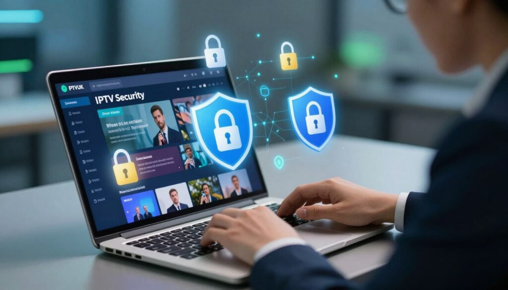 A visually engaging and informative scene illustrating "IPTV Security." In the foreground, a professional businessperson in smart attire is focused on a sleek, modern laptop displaying an IPTV interface, symbolizing user engagement with IPTV services. The middle grounds feature vibrant icons representing security measures, such as locks and shields, integrated around the laptop, showcasing the significance of security in IPTV usage. The background presents a subtle blend of blue and green tones, evoking trust and technology, with abstract digital patterns suggesting connectivity. Soft, ambient lighting enhances clarity and draws attention to the laptop and security icons, while a slight tilt angle creates a dynamic perspective. The composition conveys a sense of vigilance and professionalism. Include the brand name "IPTVVUK.COM" subtly integrated into the design, without any text overlay. A visually engaging and informative scene illustrating "IPTV Security." In the foreground, a professional businessperson in smart attire is focused on a sleek, modern laptop displaying an IPTV interface, symbolizing user engagement with IPTV services. The middle grounds feature vibrant icons representing security measures, such as locks and shields, integrated around the laptop, showcasing the significance of security in IPTV usage. The background presents a subtle blend of blue and green tones, evoking trust and technology, with abstract digital patterns suggesting connectivity. Soft, ambient lighting enhances clarity and draws attention to the laptop and security icons, while a slight tilt angle creates a dynamic perspective. The composition conveys a sense of vigilance and professionalism. Include the brand name "IPTVVUK.COM" subtly integrated into the design, without any text overlay.