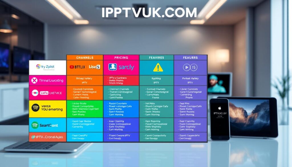 A visually engaging comparison chart showcasing various IPTV providers, set against a sleek, modern office background. In the foreground, create a detailed infographic with colorful boxes representing different IPTV providers, including prominently displayed logos and key features like pricing, channel variety, and streaming quality. Use bright, eye-catching colors to differentiate each provider, ensuring clarity and accessibility. In the middle ground, add subtle elements like a laptop and smartphone, both displaying IPTV interfaces for real-world context. The background should feature a minimalist office space with soft ambient lighting to convey a professional atmosphere. Use a clean, legible design with balanced spacing, avoiding any text or logos unrelated to "IPTVVUK.COM." Aim for a polished, informative look that feels both modern and inviting. A visually engaging comparison chart showcasing various IPTV providers, set against a sleek, modern office background. In the foreground, create a detailed infographic with colorful boxes representing different IPTV providers, including prominently displayed logos and key features like pricing, channel variety, and streaming quality. Use bright, eye-catching colors to differentiate each provider, ensuring clarity and accessibility. In the middle ground, add subtle elements like a laptop and smartphone, both displaying IPTV interfaces for real-world context. The background should feature a minimalist office space with soft ambient lighting to convey a professional atmosphere. Use a clean, legible design with balanced spacing, avoiding any text or logos unrelated to "IPTVVUK.COM." Aim for a polished, informative look that feels both modern and inviting.