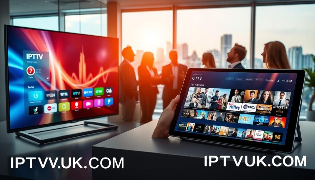 A visually engaging comparison of IPTV and OTT services, set in a modern office environment. In the foreground, depict a sleek, high-tech TV displaying the IPTV interface, with vibrant visuals and streaming options. Next to it, display a tablet showcasing an OTT streaming service, featuring an extensive library of movies and shows. In the middle ground, illustrate a diverse group of professionals, dressed in business attire, having an animated discussion, with gestures emphasizing their points. The background should feature large windows revealing a cityscape, bathed in natural light that creates a warm, inviting atmosphere. The scene is clear and well-lit, conveying a sense of innovation and modernity. Include the brand "IPTVVUK.COM" subtly in the lower corner of the image, ensuring no text overlays or distractions are present.