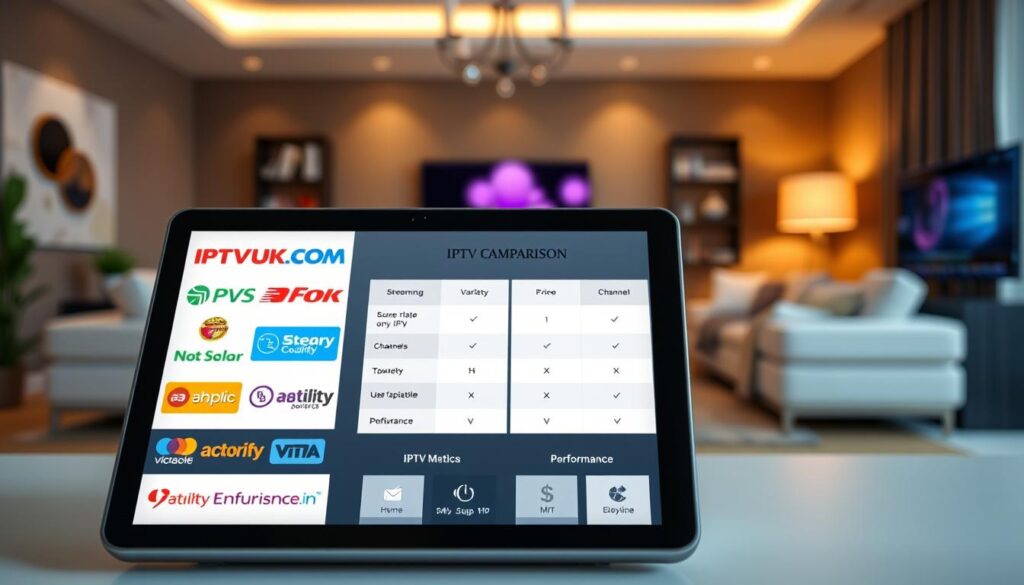 A visually engaging comparison of IPTV services, featuring a sleek digital interface displaying various service logos like "IPTVVUK.COM" in a modern, professional style. In the foreground, a high-tech tablet or monitor showcases colorful graphics and icons representing features such as streaming quality, channel variety, and pricing options. In the middle, a stylized chart compares key metrics like user satisfaction and performance, creating an organized and easy-to-read layout. In the background, a blurred, stylish living room with ambient lighting establishes a cozy viewing atmosphere, hinting at the home entertainment aspect of IPTV. The mood should be informative yet inviting, with soft lighting highlighting the device while ensuring clarity and focus on the comparison elements.