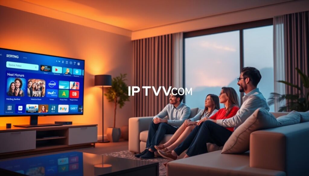 A visually engaging digital illustration showcasing key features of an IPTV service, with a futuristic and tech-savvy vibe. In the foreground, depict a sleek flat-screen TV displaying various streaming options and vibrant channel menus. Move to the middle ground, where a family of four, dressed in casual yet professional attire, is seated on a modern sofa, enjoying their viewing experience. The background should feature a cozy living room with ambient lighting and a subtle high-tech touch, like smart devices and fiber optic cables subtly illuminated. The scene should convey a sense of convenience, flexibility, and enjoyment. Include the brand name "IPTVVUK.COM" subtly integrated into the design, ensuring the focus remains on the IPTV features. Emphasize the atmosphere of family togetherness and modern technology, avoiding clutter and distractions. A visually engaging digital illustration showcasing key features of an IPTV service, with a futuristic and tech-savvy vibe. In the foreground, depict a sleek flat-screen TV displaying various streaming options and vibrant channel menus. Move to the middle ground, where a family of four, dressed in casual yet professional attire, is seated on a modern sofa, enjoying their viewing experience. The background should feature a cozy living room with ambient lighting and a subtle high-tech touch, like smart devices and fiber optic cables subtly illuminated. The scene should convey a sense of convenience, flexibility, and enjoyment. Include the brand name "IPTVVUK.COM" subtly integrated into the design, ensuring the focus remains on the IPTV features. Emphasize the atmosphere of family togetherness and modern technology, avoiding clutter and distractions.
