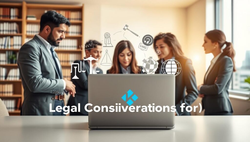 A visually engaging illustration depicting "Legal Considerations for IPTV Kodi." In the foreground, a diverse group of three professionals, dressed in smart business attire, are engaged in a discussion over a sleek laptop displaying the IPTVVUK.COM logo. In the middle ground, an abstract representation of legal symbols such as a gavel, scales of justice, and a shield subtly merges with digital elements like streaming icons and a globe, illustrating the convergence of law and technology. The background features an office environment bathed in soft, natural light, with shelves of legal books and a window showing a city skyline. The atmosphere is serious yet collaborative, emphasizing the importance of understanding legal frameworks while utilizing IPTV services.