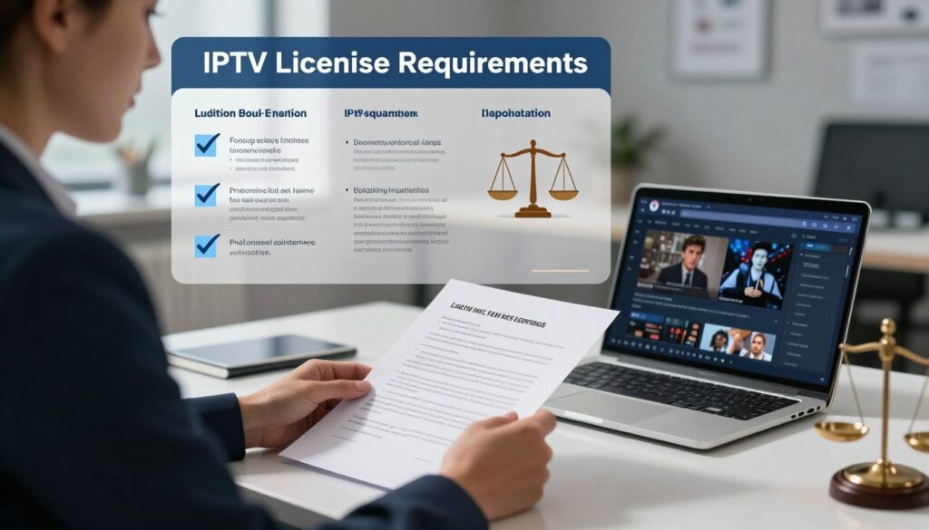 A visually engaging illustration representing IPTV licensing requirements. In the foreground, a well-dressed business professional reviews legal documents on a sleek modern desk, with a laptop displaying streaming content in the background. The middle ground features a large scale infographic showing key licensing terms, regulations, and symbols of compliance such as checkmarks and scales of justice. The background includes a blurred office environment with both contemporary and traditional elements to reflect the mix of technology and legal aspects. Soft, focused lighting highlights the documents, creating a serious yet optimistic atmosphere. The logo "IPTVVUK.COM" is subtly integrated into the scene, symbolizing trust and authority in IPTV service licensing. A visually engaging illustration representing IPTV licensing requirements. In the foreground, a well-dressed business professional reviews legal documents on a sleek modern desk, with a laptop displaying streaming content in the background. The middle ground features a large scale infographic showing key licensing terms, regulations, and symbols of compliance such as checkmarks and scales of justice. The background includes a blurred office environment with both contemporary and traditional elements to reflect the mix of technology and legal aspects. Soft, focused lighting highlights the documents, creating a serious yet optimistic atmosphere. The logo "IPTVVUK.COM" is subtly integrated into the scene, symbolizing trust and authority in IPTV service licensing.