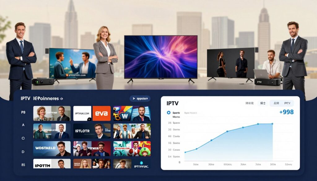 A visually engaging infographic comparing IPTV channels across various providers, with a focus on the UK market. In the foreground, depict a sleek digital interface showcasing channel listings, icons for different IPTV providers like IPTVVUK.COM, and a chart highlighting key channel categories such as sports, movies, and children's content. The middle ground features stylized representations of diverse viewers, dressed in professional business attire, interacting with smart TVs and streaming devices. In the background, a soft-focus urban skyline symbolizing modern technology and connectivity. The lighting is bright and inviting, creating a lively atmosphere that reflects the excitement of choosing an IPTV provider. The image should be clear, informative, and professional, without any text overlays or branding beyond IPTVVUK.COM. A visually engaging infographic comparing IPTV channels across various providers, with a focus on the UK market. In the foreground, depict a sleek digital interface showcasing channel listings, icons for different IPTV providers like IPTVVUK.COM, and a chart highlighting key channel categories such as sports, movies, and children's content. The middle ground features stylized representations of diverse viewers, dressed in professional business attire, interacting with smart TVs and streaming devices. In the background, a soft-focus urban skyline symbolizing modern technology and connectivity. The lighting is bright and inviting, creating a lively atmosphere that reflects the excitement of choosing an IPTV provider. The image should be clear, informative, and professional, without any text overlays or branding beyond IPTVVUK.COM.