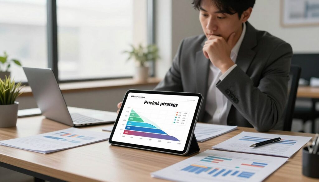 A visually striking and informative image depicting IPTV pricing strategy for a reseller guide. The foreground features an organized desk with a digital tablet displaying a dynamic graph showing pricing tiers and profit margins, surrounded by business documents and charts. In the middle, a professional-looking person in business attire is reviewing the data, with a contemplative expression and a pen in hand. The background features a modern office setting with large windows letting in soft, natural light that creates a warm and inviting atmosphere. The colors should be balanced, evoking a sense of professionalism and focus. Include subtle branding elements related to "IPTVVUK.COM" within the office decor. The overall mood should convey clarity and strategic thinking in the realm of pricing strategies for maximum profit.