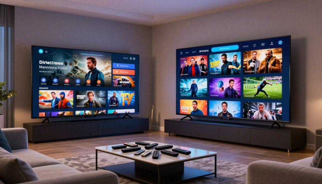 A visually striking and modern depiction of IPTV premium content libraries, showcasing an arrangement of vibrant, digital screens displaying various genres like movies, documentaries, and sports. In the foreground, a sleek, contemporary living room with a stylish sofa and a coffee table cluttered with remote controls, set against a large wall-mounted TV. The middle section reveals an interactive user interface with colorful thumbnails and categories, evoking the feel of browsing premium content. In the background, soft ambient lighting creates a cozy atmosphere, enhancing the digital experience. The scene should reflect a professional yet relaxed home setting, embodying entertainment and modern technology, with the brand name "IPTVVUK.COM" subtly integrated into the design elements. The overall mood is inviting and engaging, perfect for illustrating the concept of premium IPTV content.
