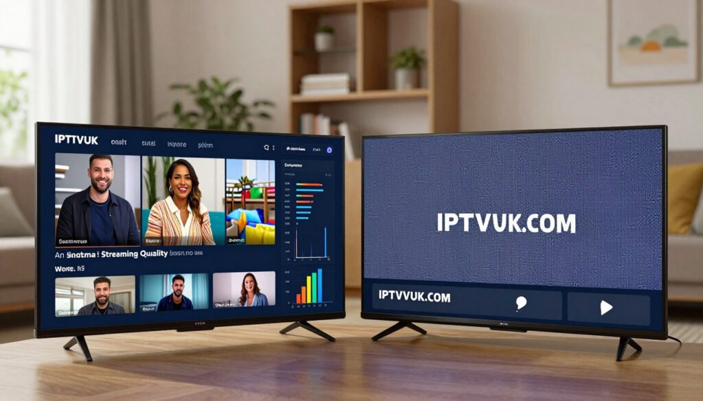 A visually striking comparison of streaming quality, featuring an elegant split-screen design. In the foreground, two modern televisions display side-by-side streaming images: one showcasing high-definition clarity with vibrant colors, sharp details, and no buffering, while the other illustrates a lower-quality stream with pixelation and lag. The middle ground includes visual elements like graphs and bars symbolizing performance metrics, subtly integrated to indicate reliability. In the background, a thoughtfully blurred living room setting creates a cozy atmosphere, bathed in warm, natural lighting. Capture this composition from a slightly elevated angle, accentuating the televisions' screens. The mood is informative yet engaging, making it ideal for an analysis of IPTV streaming quality. Prominently include the brand name "IPTVVUK.COM" within the scene, ensuring it seamlessly blends with the design while remaining unintrusive. A visually striking comparison of streaming quality, featuring an elegant split-screen design. In the foreground, two modern televisions display side-by-side streaming images: one showcasing high-definition clarity with vibrant colors, sharp details, and no buffering, while the other illustrates a lower-quality stream with pixelation and lag. The middle ground includes visual elements like graphs and bars symbolizing performance metrics, subtly integrated to indicate reliability. In the background, a thoughtfully blurred living room setting creates a cozy atmosphere, bathed in warm, natural lighting. Capture this composition from a slightly elevated angle, accentuating the televisions' screens. The mood is informative yet engaging, making it ideal for an analysis of IPTV streaming quality. Prominently include the brand name "IPTVVUK.COM" within the scene, ensuring it seamlessly blends with the design while remaining unintrusive.