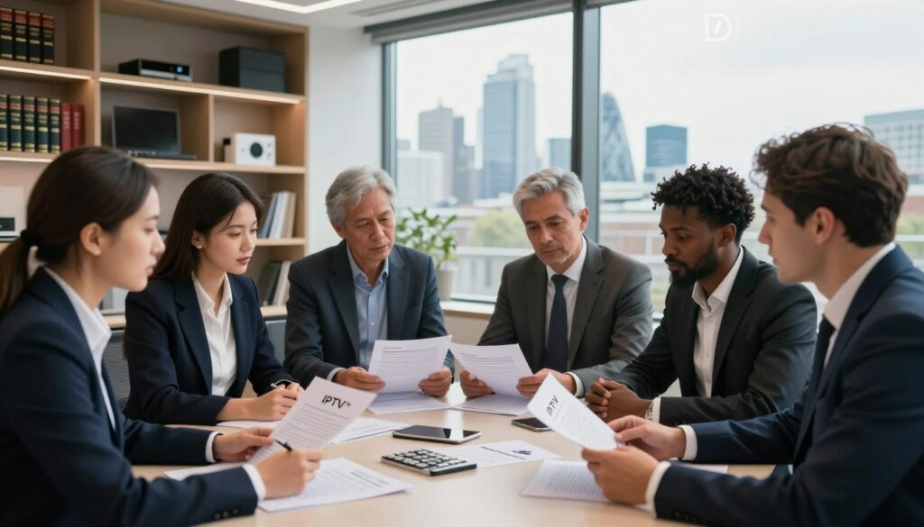 A visually striking composition showcasing the legal considerations surrounding IPTV in the UK. In the foreground, a group of diverse individuals dressed in professional business attire engage in a discussion, reviewing documents and contracts related to IPTV. In the middle ground, a stylish, modern office space features shelves lined with legal books and technology devices. The background includes a large window that displays a scenic view of London’s skyline, bathed in soft, natural light, creating an inviting atmosphere. The overall mood is serious yet collaborative, emphasizing professionalism and the importance of understanding legal frameworks. The logo "IPTVVUK.COM" is subtly included on a document in the scene, reinforcing the focus on IPTV legality without overwhelming the image.
