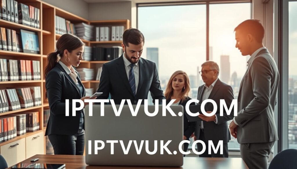 A visually striking depiction of IPTV content licensing, showcasing a modern office environment. In the foreground, a diverse group of three professionals, dressed in smart business attire, engage in a discussion over a laptop displaying a digital content library. The middle layer features shelves filled with multimedia licenses and contracts, symbolizing the legal aspects of IPTV. In the background, a large window reveals a bustling city skyline, hinting at connectivity and technology. Soft, natural light filters through, creating a professional and focused atmosphere. Include the brand name "IPTVVUK.COM" subtly integrated into the office elements, enhancing the theme of legality and industry collaboration without overwhelming the scene.