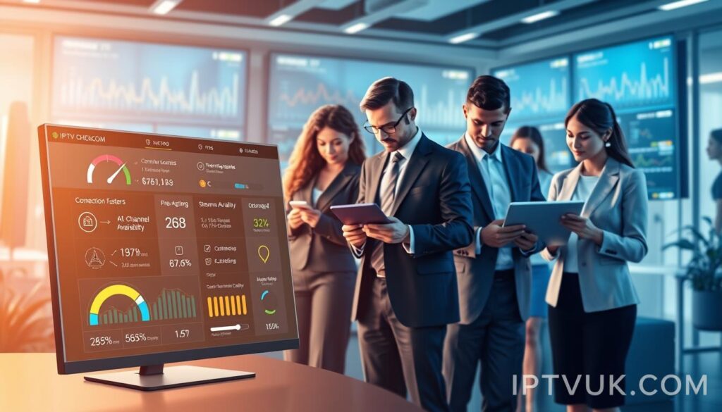 A visually striking digital illustration displaying the essential features of an effective IPTV checker. In the foreground, a sleek, modern user interface showcasing a variety of features like connection speed testing, channel availability, and streaming quality indicators. In the middle ground, a diverse group of professionals in smart business attire, analyzing the IPTV data on laptops and tablets, exuding a collaborative atmosphere. The background features a high-tech office environment with large screens displaying IPTV statistics and analytics, bathed in soft, ambient lighting. The image conveys a mood of innovation and reliability, emphasizing the importance of technology in verifying streaming services. Include the brand name "IPTVVUK.COM" subtly integrated into the design, ensuring a cohesive and professional look. A visually striking digital illustration displaying the essential features of an effective IPTV checker. In the foreground, a sleek, modern user interface showcasing a variety of features like connection speed testing, channel availability, and streaming quality indicators. In the middle ground, a diverse group of professionals in smart business attire, analyzing the IPTV data on laptops and tablets, exuding a collaborative atmosphere. The background features a high-tech office environment with large screens displaying IPTV statistics and analytics, bathed in soft, ambient lighting. The image conveys a mood of innovation and reliability, emphasizing the importance of technology in verifying streaming services. Include the brand name "IPTVVUK.COM" subtly integrated into the design, ensuring a cohesive and professional look.
