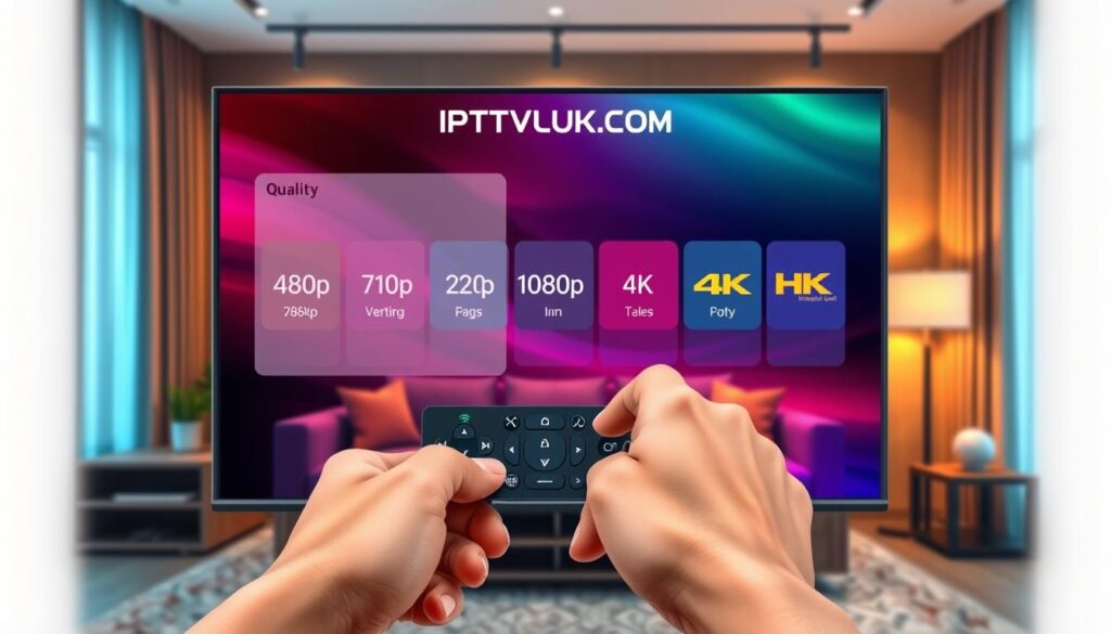 A visually striking illustration depicting IPTV streaming quality options. In the foreground, showcase a modern TV screen displaying a sleek user interface with various quality icons such as 480p, 720p, 1080p, and 4K, highlighting vibrant colors and smooth graphics. In the middle ground, include a hand holding a remote control, poised to make a selection, with manicured fingers subtly suggesting user engagement. The background features a cozy living room setting, softly lit with warm, ambient lighting to create an inviting atmosphere, accentuated by plush furniture and decorative elements. Ensure there are no people but suggest a sense of security and professionalism. Incorporate the brand name “IPTVVUK.COM” subtly integrated into the screen's interface.