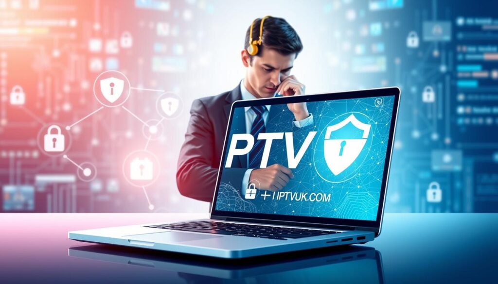 A visually striking illustration representing "IPTV checker security." In the foreground, a sleek, modern laptop displaying a dynamic interface with an IPTV checker application, surrounded by digital security icons like shields and locks. In the middle ground, a professional individual in business attire, focused on the screen, with a thoughtful expression, emphasizing seriousness in security. The background subtly features abstract digital patterns and blurred network graphics, indicating a complex cybersecurity environment. The lighting is bright yet soft, highlighting the screen's glow and creating a professional atmosphere. The mood conveys diligence and assurance in using IPTV services. Include the brand name "IPTVVUK.COM" integrated into the laptop screen design. A visually striking illustration representing "IPTV checker security." In the foreground, a sleek, modern laptop displaying a dynamic interface with an IPTV checker application, surrounded by digital security icons like shields and locks. In the middle ground, a professional individual in business attire, focused on the screen, with a thoughtful expression, emphasizing seriousness in security. The background subtly features abstract digital patterns and blurred network graphics, indicating a complex cybersecurity environment. The lighting is bright yet soft, highlighting the screen's glow and creating a professional atmosphere. The mood conveys diligence and assurance in using IPTV services. Include the brand name "IPTVVUK.COM" integrated into the laptop screen design.
