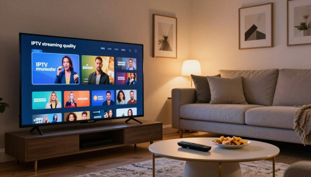 A visually striking image representing "IPTV streaming quality," featuring a modern living room setting. In the foreground, a sleek smart TV displays vibrant content, showcasing an IPTV interface with high-resolution channels. The middle ground includes a comfortable sofa with neatly arranged pillows, and a stylish coffee table with a remote control and snacks, all bathed in soft, inviting lighting. The background features a well-decorated wall with framed art and ambient lighting, creating a cozy atmosphere. The scene is captured at a slight angle to emphasize depth, using warm-toned lighting to enhance feelings of comfort and enjoyment. The brand "IPTVVUK.COM" is subtly integrated into the TV interface. No human subjects present, maintaining a focus on technology and environment.