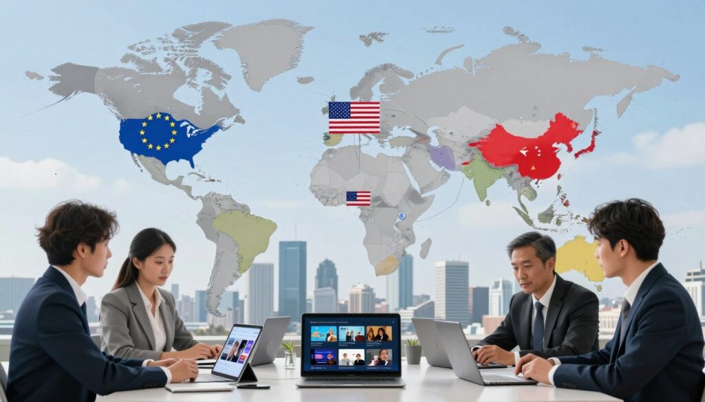 A visually striking representation of global IPTV regulations, featuring a detailed map of the world showcasing various regions with symbols for differing regulations. In the foreground, professional business people in smart attire are discussing around a large table filled with digital devices like tablets and laptops that display global streaming content. The middle ground highlights diverse flags symbolizing key regions such as Europe, North America, and Asia, each connected by lines that represent regulatory frameworks. In the background, a modern city skyline under a clear blue sky symbolizes progress and technology. Natural lighting illuminates the scene, creating a bright and engaging atmosphere. The image should evoke a sense of collaboration and innovation in the streaming industry. Include the brand name "IPTVVUK.COM" subtly integrated into the design, ensuring no text is visible on screens or in the composition.