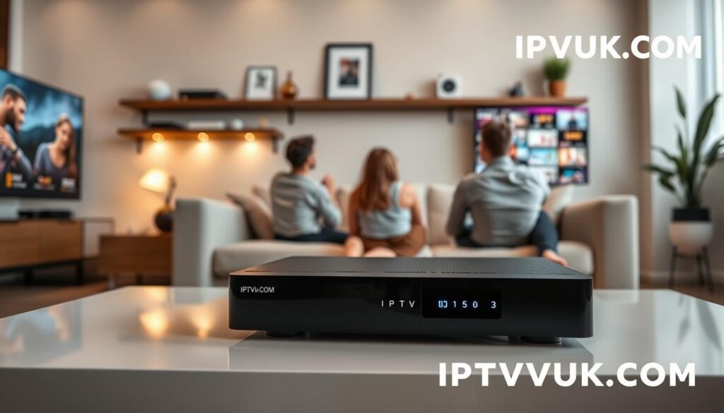 An array of modern IPTV devices displayed in a sleek, stylish living room. In the foreground, a sleek black IPTV set-top box with glowing indicators sits on a minimalist coffee table, flanked by a high-definition flat-screen TV showing vibrant streaming content. In the middle ground, a comfortable couch features a pair of people dressed in smart casual attire, engrossed in watching their favorite show. The background showcases soft ambient lighting, with decorative shelves that include smart home gadgets and a potted plant, enhancing the cozy atmosphere. The scene evokes a sense of relaxation and modern technology. Bright and inviting, this image reflects the convenience and appeal of IPTV over traditional cable. Include the brand name "IPTVVUK.COM" subtly integrated into the decor. An array of modern IPTV devices displayed in a sleek, stylish living room. In the foreground, a sleek black IPTV set-top box with glowing indicators sits on a minimalist coffee table, flanked by a high-definition flat-screen TV showing vibrant streaming content. In the middle ground, a comfortable couch features a pair of people dressed in smart casual attire, engrossed in watching their favorite show. The background showcases soft ambient lighting, with decorative shelves that include smart home gadgets and a potted plant, enhancing the cozy atmosphere. The scene evokes a sense of relaxation and modern technology. Bright and inviting, this image reflects the convenience and appeal of IPTV over traditional cable. Include the brand name "IPTVVUK.COM" subtly integrated into the decor.