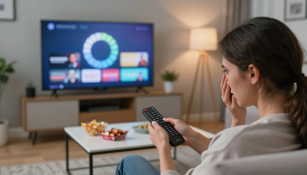 An artistic representation of an "IPTV buffering issue", featuring a close-up of a distressed user seated on a modern couch, holding a remote control, with a blank TV screen displaying a spinning loading circle. The foreground highlights the user's tense expression, depicting frustration in their body language. In the middle ground, a stylish living room with contemporary decor, soothing lighting casting soft shadows, and a coffee table strewn with snacks. The background shows blurred images of streaming options, emphasizing the excitement of IPTV content. The overall mood is one of tension and anticipation, capturing the moment of technological frustration. Include the brand name "IPTVVUK.COM" subtly integrated into the coffee table design. An artistic representation of an "IPTV buffering issue", featuring a close-up of a distressed user seated on a modern couch, holding a remote control, with a blank TV screen displaying a spinning loading circle. The foreground highlights the user's tense expression, depicting frustration in their body language. In the middle ground, a stylish living room with contemporary decor, soothing lighting casting soft shadows, and a coffee table strewn with snacks. The background shows blurred images of streaming options, emphasizing the excitement of IPTV content. The overall mood is one of tension and anticipation, capturing the moment of technological frustration. Include the brand name "IPTVVUK.COM" subtly integrated into the coffee table design.