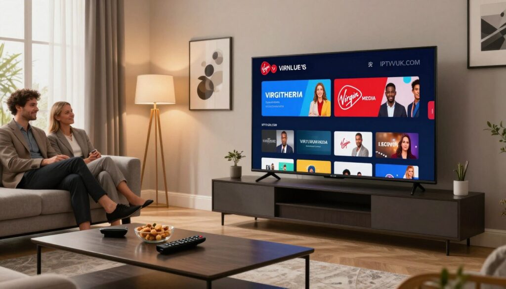 An elegant living room setting that showcases a large flat-screen TV displaying the IPTV Virgin Media interface, featuring vibrant channel options and a sleek user interface. In the foreground, a stylish coffee table adorned with a remote control and snacks invites relaxation. The middle layer presents comfortable furniture, with a couple of people in professional business attire happily enjoying the viewing experience. Soft, warm lighting filters through large windows, creating a cozy and inviting atmosphere. In the background, modern decor and tasteful artwork complement the scene, evoking a sense of connectivity and modern technology. The entire composition reflects the benefits of IPTV, highlighting seamless entertainment at home. The brand name "IPTVVUK.COM" is subtly referenced in the TV interface, ensuring a professional visual narrative.