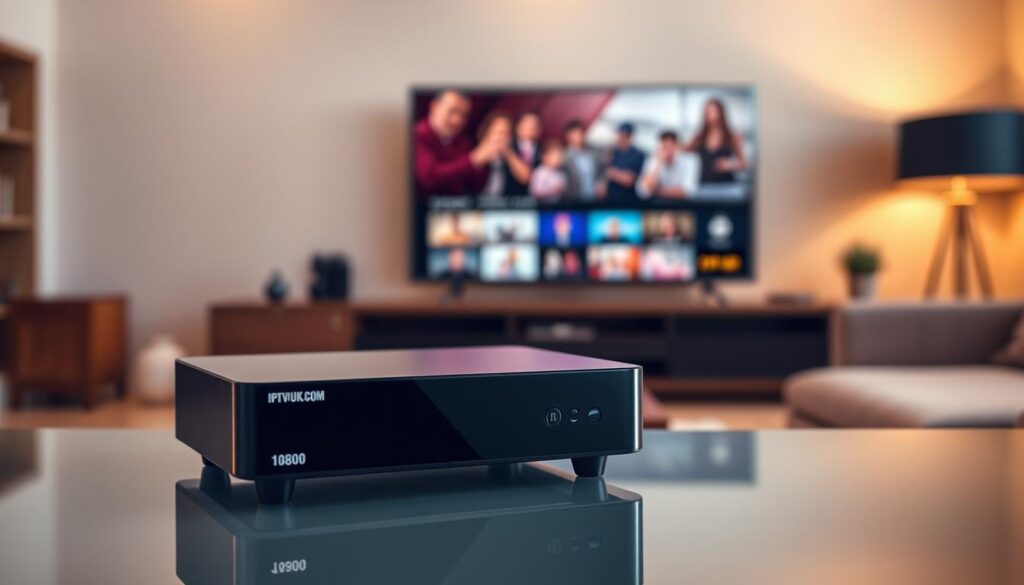 An elegant, modern IPTV box prominently displayed in the foreground, featuring sleek lines and a glossy black finish, labeled with "IPTVVUK.COM". The box should have visual indicators of resolution support—logos or icons for 4K, 1080p, and 720p visible on its surface, showcasing its advanced technology. In the middle background, a soft-focus living room setting with a large flat-screen TV displaying colorful streaming content, providing context for the IPTV box. The warm, inviting lighting creates a cozy atmosphere, emphasizing the home entertainment aspect. Use a shallow depth of field to keep the focus on the IPTV box while the background remains supportive but not distracting, enhancing the viewer's interest in the key features of the device.