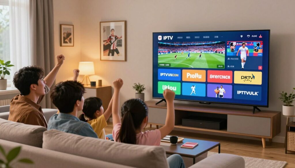 An engaging visual of a modern living room showcasing a family excitedly watching various sports channels on a large flat-screen TV, emphasizing IPTV sports content. The foreground includes a comfortable sofa with family members dressed in casual attire, animated expressions on their faces as they cheer. The middle ground features the TV displaying multiple sports graphics and logos, with vibrant colors and dynamic action shots. In the background, a well-decorated room with sports memorabilia and ambient lighting, creating a lively yet cozy atmosphere. The scene is illuminated by warm, inviting lighting, with a focus on the screen where the brand IPTVVUK.COM is subtly integrated into the sports graphics, ensuring the image is strictly safe for work. An engaging visual of a modern living room showcasing a family excitedly watching various sports channels on a large flat-screen TV, emphasizing IPTV sports content. The foreground includes a comfortable sofa with family members dressed in casual attire, animated expressions on their faces as they cheer. The middle ground features the TV displaying multiple sports graphics and logos, with vibrant colors and dynamic action shots. In the background, a well-decorated room with sports memorabilia and ambient lighting, creating a lively yet cozy atmosphere. The scene is illuminated by warm, inviting lighting, with a focus on the screen where the brand IPTVVUK.COM is subtly integrated into the sports graphics, ensuring the image is strictly safe for work.