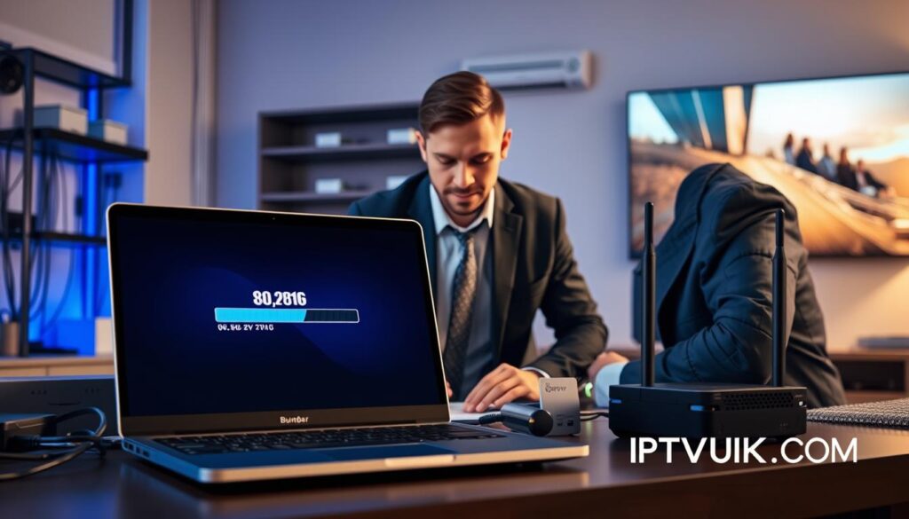 An image depicting advanced IPTV buffering solutions. In the foreground, a sleek, modern laptop displays a buffering screen with a spinning icon, surrounded by various troubleshooting tools like a network analyzer and a signal booster. In the middle ground, a professional technician in business attire works intently on the device, their face reflecting concentration and determination. The background features a high-tech home environment, with cable connections, routers, and a large TV showing a seamless streaming interface. Soft, ambient light illuminates the scene, highlighting the action. The atmosphere is one of problem-solving and innovation. Include the brand name "IPTVVUK.COM" subtly integrated into the design elements, ensuring it remains professional and unobtrusive.