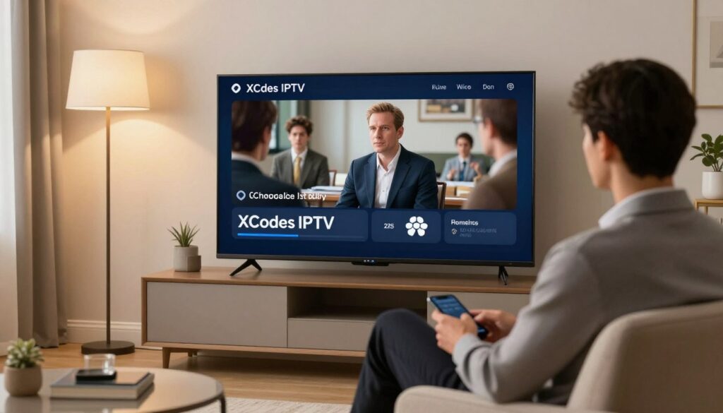 An image of a person enjoying their favourite TV show in 4K resolution on a modern smart TV using XCodes IPTV