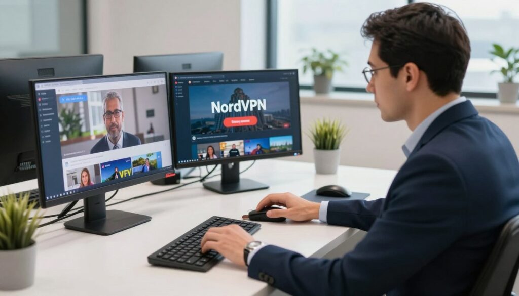 An image of a person streaming IPTV content on multiple devices using NordVPN