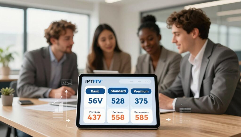 An infographic-style illustration depicting various IPTV pricing models, showcasing a modern office setting. In the foreground, a sleek, digital tablet displays different subscription tiers clearly labeled as "Basic," "Standard," and "Premium," with corresponding price tags. The middle ground features three diverse, professional individuals analyzing the tablet in deep discussion, all dressed in business attire. The background displays a softly blurred office environment with large windows letting in natural light, enhancing a collaborative atmosphere. Use warm tones to create a welcoming vibe, and include subtle graphical elements like charts and arrows around the tablet to visually convey pricing trends. Include the brand name “IPTVVUK.COM” subtly within the design.
