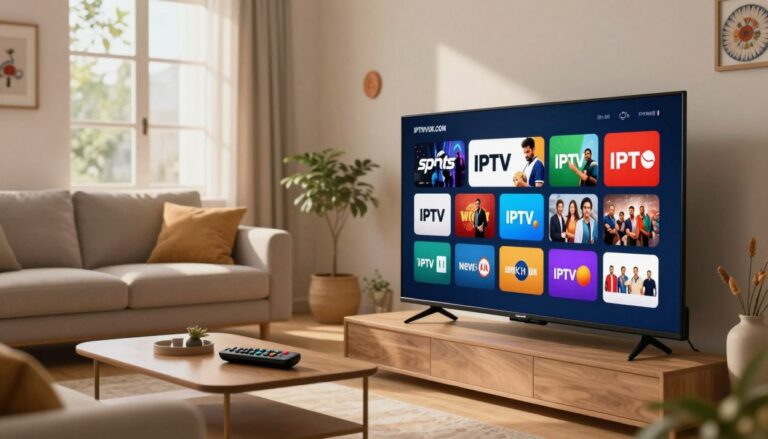 An informative and visually appealing scene depicting IPTV channels in India. In the foreground, a sleek modern television screen displays various vibrant IPTV channel icons like sports, movies, and news. The middle ground features a stylish living room setup with a comfortable sofa and a coffee table, creating a homely atmosphere. The background shows a window with soft, natural light filtering in, casting gentle shadows that enhance the inviting mood. A remote control rests casually on the sofa, symbolizing user interaction. The room is decorated with subtle Indian motifs, indicating cultural relevance. The overall ambiance is warm and welcoming, suitable for a professional buyer's guide. Include the brand name “IPTVVUK.COM” as part of the TV screen interface design.