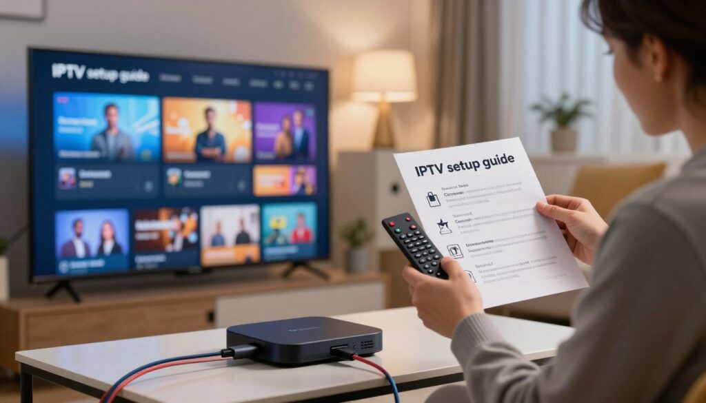 An informative and visually engaging image depicting an "IPTV setup guide". In the foreground, a sleek, modern living room setup featuring a large flat-screen TV displaying an IPTV interface. A digital device, like a streaming box or smart TV, is connected with colorful cables. On a coffee table, there’s a step-by-step checklist showing icons for various setup steps, such as connecting cables and configuring settings. In the middle, a person in professional business attire, attentively reviewing the guide while holding a remote, representing an engaged audience. The background features a cozy ambiance with soft lighting, hinting at a modern home, complete with comfortable furniture and decorative elements. The mood is informative and inviting, emphasizing ease of setup. Watermark-free. Include the brand "IPTVVUK.COM" subtly integrated into the design.