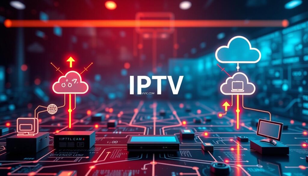 An intricate visualization of IPTV Technical Architecture, showcasing a modern network diagram in a tech-inspired setting. In the foreground, detailed icons represent components such as IPTV servers, content delivery networks, and user devices like smart TVs and tablets. The middle ground features connected lines illustrating data flow, with vibrant arrows indicating transmission pathways, while a subtle digital grid and cloud elements populate the background. Utilize dynamic lighting to enhance the sense of depth and focus on key components, creating a sophisticated atmosphere. The scene reflects innovation and connectivity, indicative of advanced telecommunications systems, with the brand name "IPTVVUK.COM" subtly integrated into the design. Capture this from a slightly elevated angle, simulating a 3D perspective.