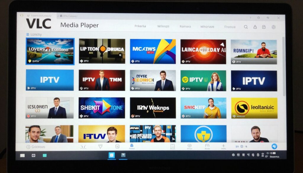 Create an image of VLC Media Player interface on a computer screen with various IPTV channels playing.