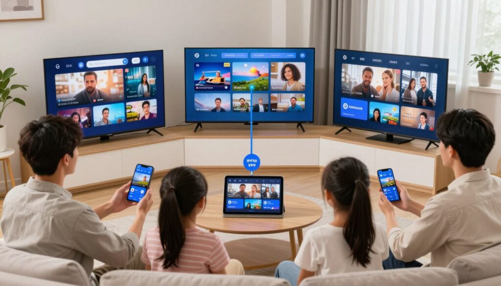 Create an image of a household with multiple devices streaming IPTV content simultaneously with an IPVanish VPN connection.