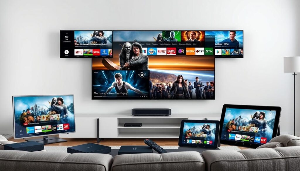 Create an image of various IPTV devices and screens displaying different channels and content