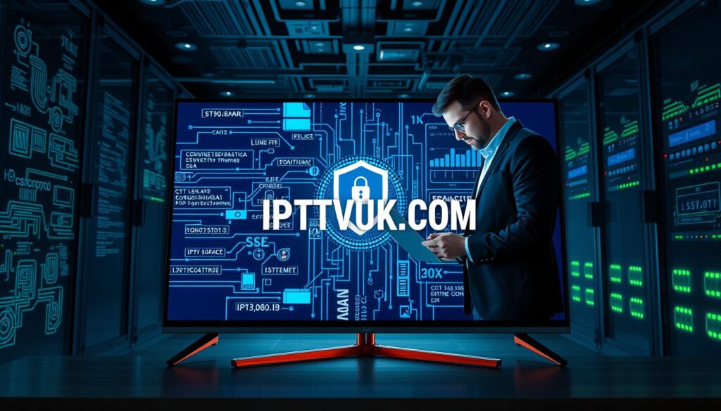 Foreground: A visually engaging digital representation of a secure IPTV system, featuring a sleek, modern television screen displaying an encrypted streaming interface, with dynamic data flows projected on the screen. Middle: A professional technician in smart casual clothing, intently monitoring security protocols on a laptop, surrounded by high-tech devices like routers and servers, showcasing vibrant LED indicators. Background: A dimly lit, high-tech data center with abstract data patterns on walls and sophisticated security measures like biometrics and firewalls. The entire scene is illuminated by cool blue and green lighting, creating a tech-savvy, secure atmosphere. The brand "IPTVVUK.COM" subtly integrated into the interface on the television screen, enhancing the focus on IPTV security while conveying a modern, professional mood.