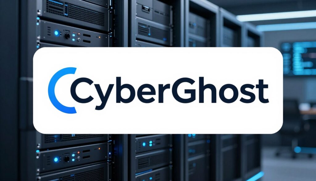 Generate an image of CyberGhost's logo with a streaming server background