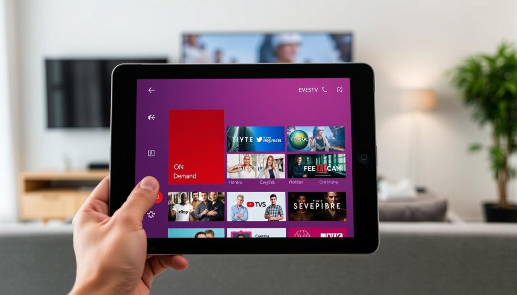 Generate an image of EVESTV IPTV's on-demand content on a tablet.