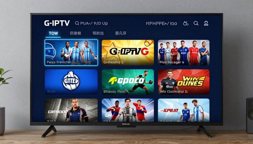 Generate an image of G-IPTV's interface on a smart TV, showing sports and movie channels. Generate an image of G-IPTV's interface on a smart TV, showing sports and movie channels.