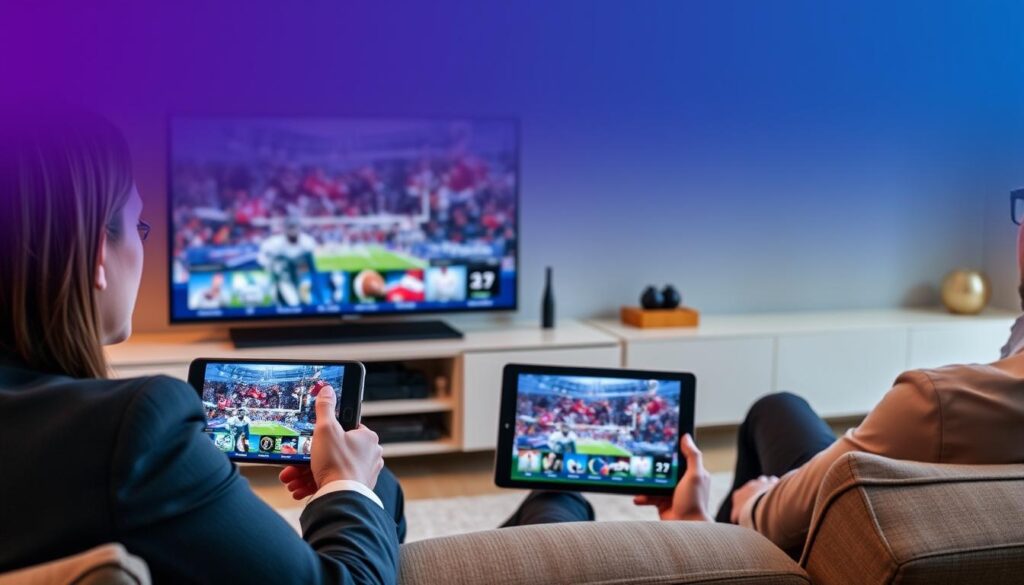 Generate an image of IPTV Gear's sports streaming on multiple devices