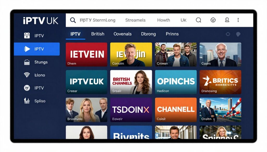 Generate an image of IPTV UK's interface, showcasing its extensive British channel lineup and HD streaming quality.