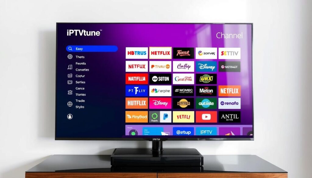 Generate an image of IPTVtune's channel lineup on a TV screen