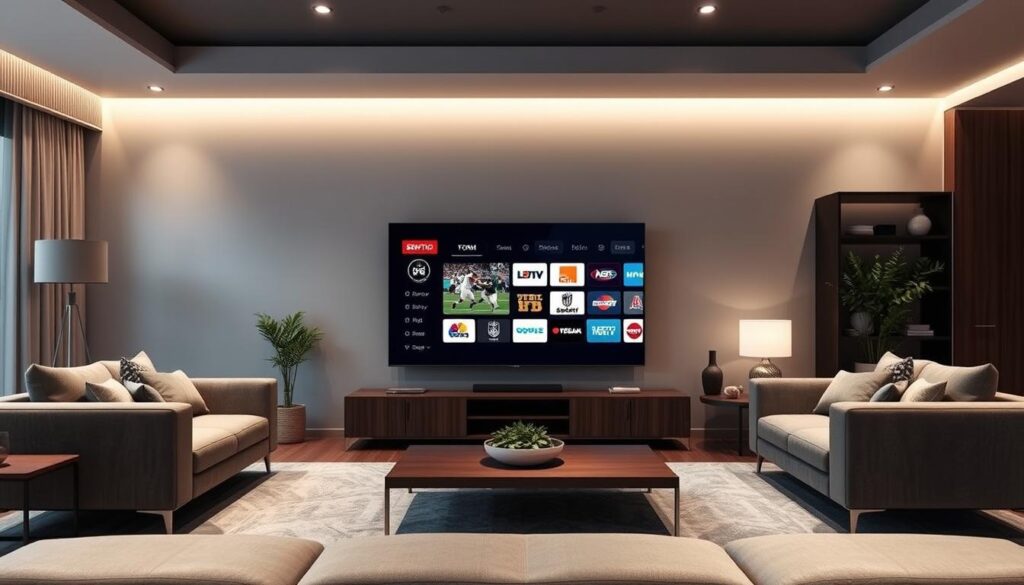 Generate an image of NewHD IPTV's sports channels on a 4K TV