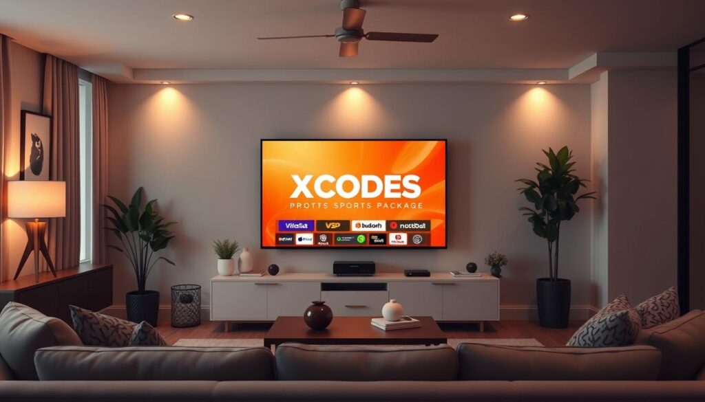 Generate an image of XCodes TV's sports package on a TV screen