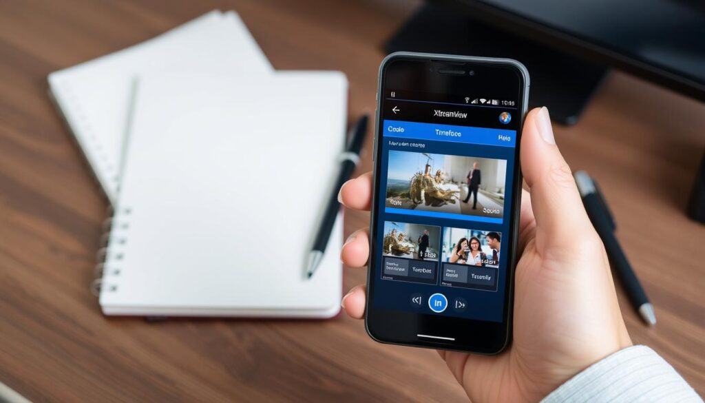 Generate an image of XtreamView IPTV's interface on a smartphone.