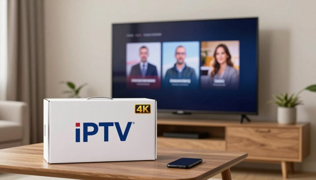 Generate an image of a British IPTV 4K subscription box with a 4K TV in the background. Generate an image of a British IPTV 4K subscription box with a 4K TV in the background.