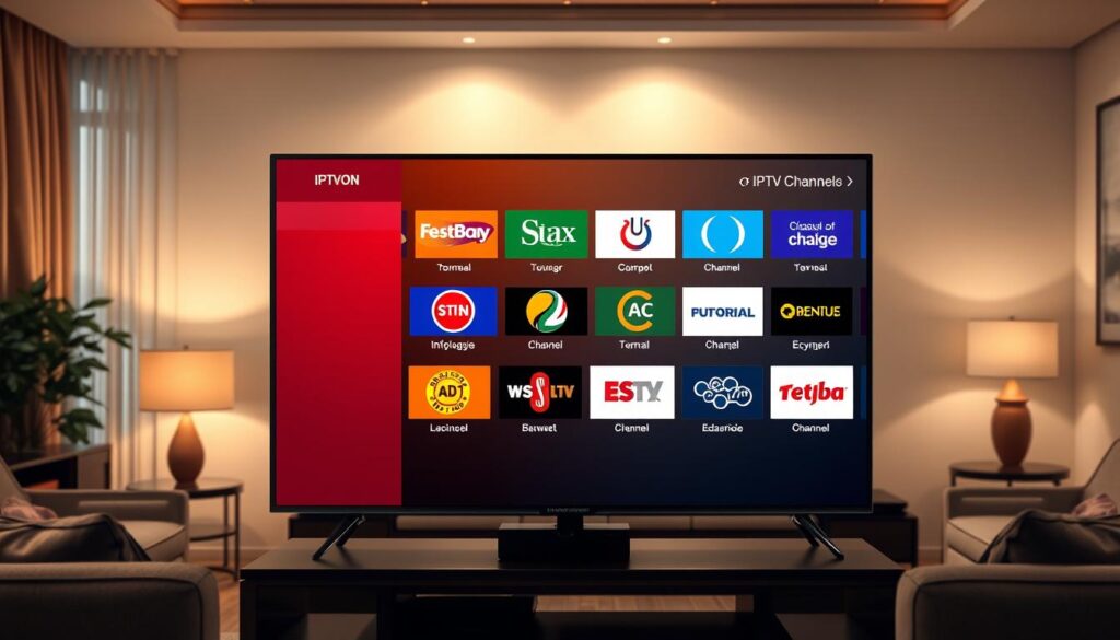 Generate an image of a TV screen displaying IPTVON with various international channels